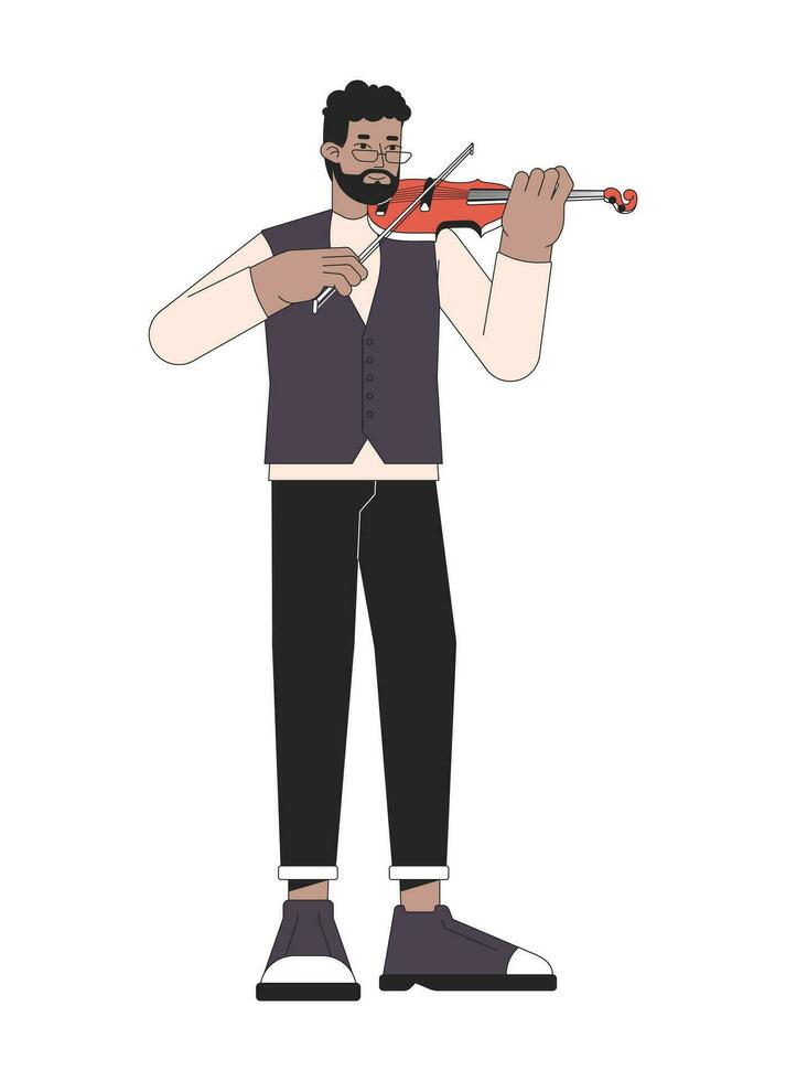 manlig fiol spelare linje tecknad serie platt illustration. afrikansk amerikan vuxen man konsert violinist 2d linjekonst karaktär isolerat på vit bakgrund. spelar spelman scen vektor Färg bild