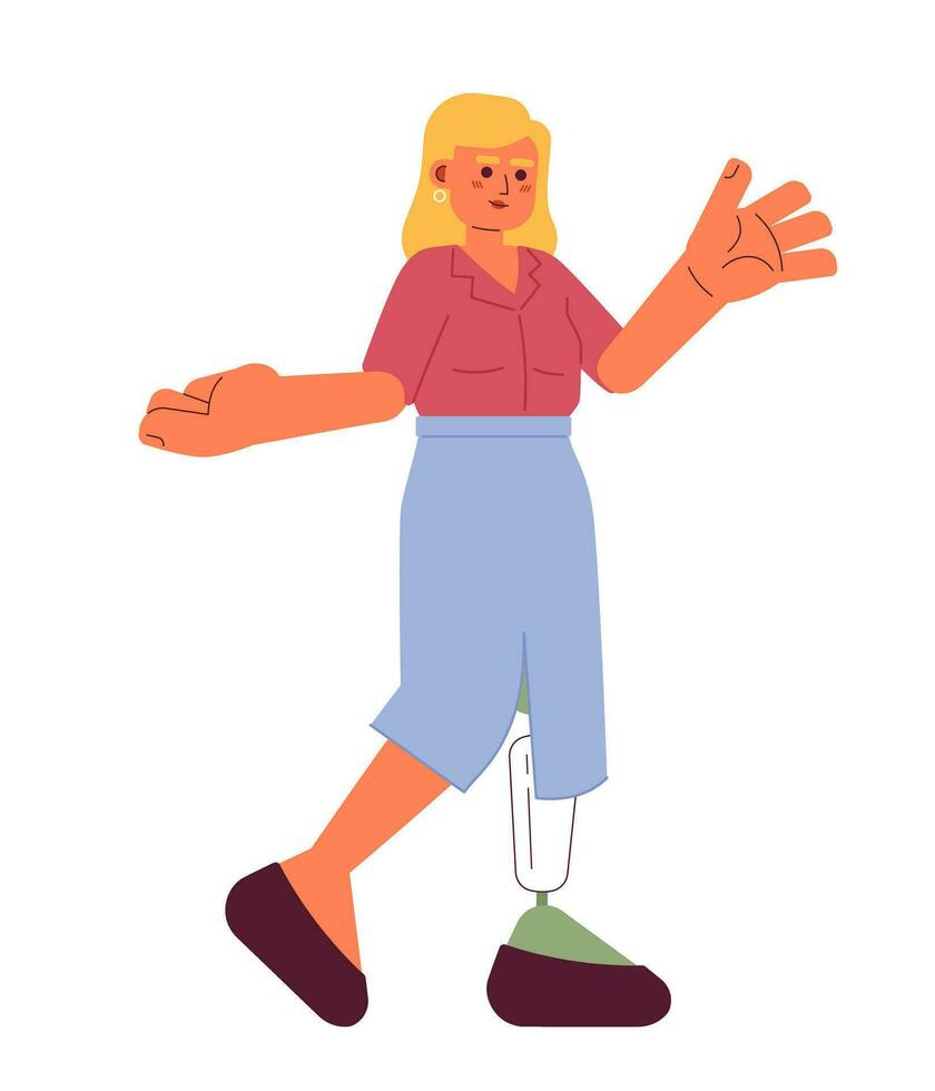 caucasian vuxen kvinna protes ben gestikulerande 2d tecknad serie karaktär. Inaktiverad kvinna kontor arbetstagare tillfällig isolerat vektor person vit bakgrund. föreläsare lärare Färg platt fläck illustration