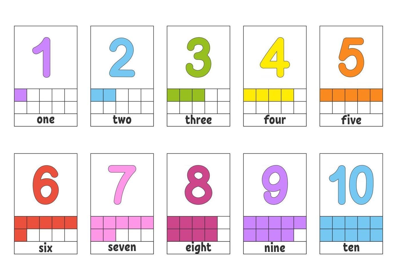 ställa in flash-kort för barn. lärande nummer 1-10. utbildning utvecklar kalkylblad. aktivitetssida för skolan. färgspel för barn. vektor illustration. tecknad stil.