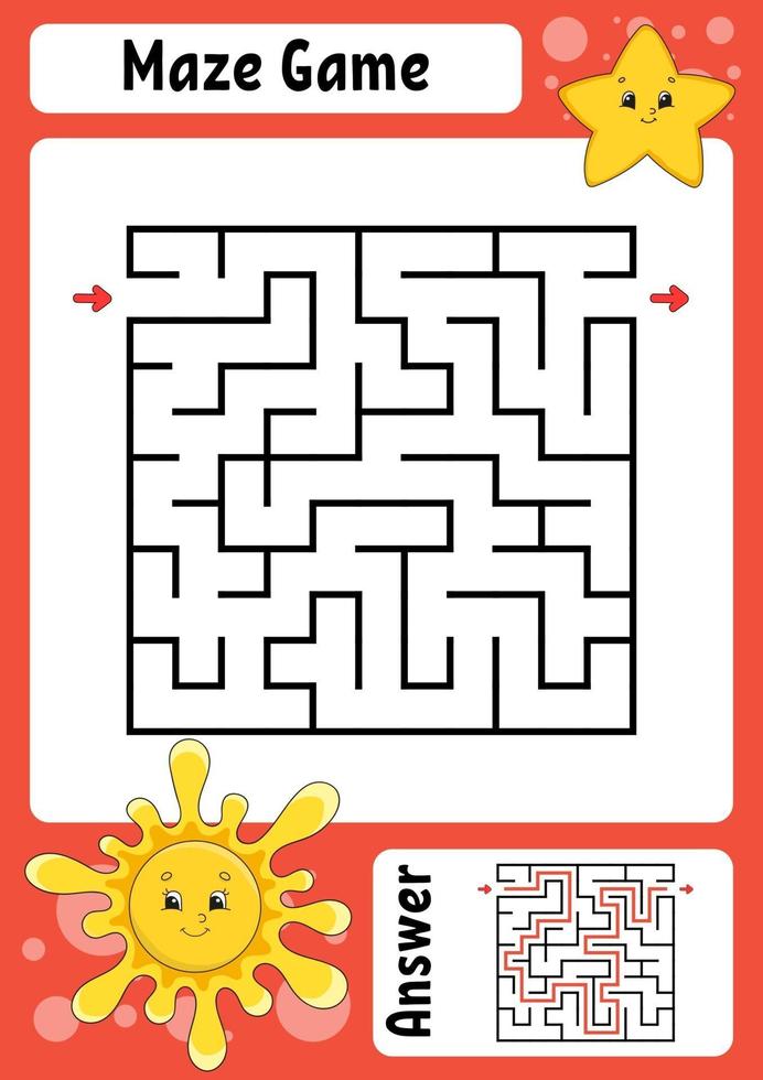 quadratisches Labyrinth. Spiel für Kinder. lustiges Labyrinth. Arbeitsblatt zur Entwicklung von Bildung. Aktivitätsseite. Puzzle für Kinder. Cartoon-Stil. Rätsel für die Vorschule. logisches Rätsel. Farbvektorillustration. vektor