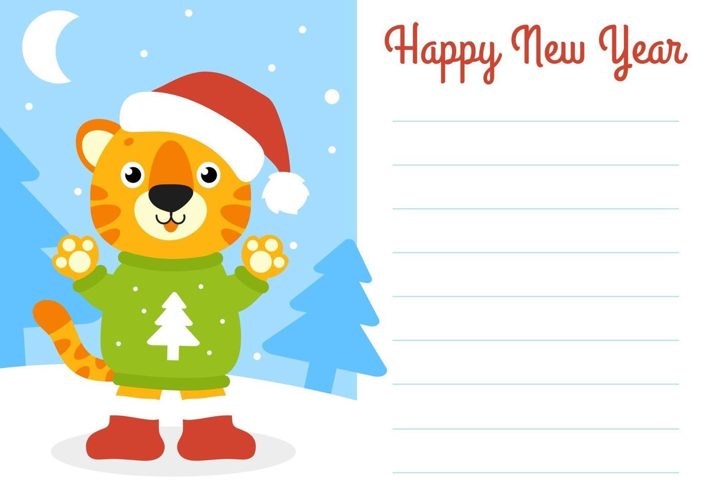 Geschenk Farbe Grußkarte. Tiger-Simbol in einer Weihnachtsmütze. süße Zeichentrickfigur. frohes neues Jahr und frohe Weihnachten. flacher Stil. Vektor-Illustration. vektor
