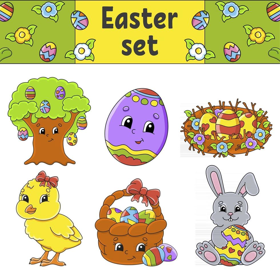 Satz niedlicher Zeichentrickfiguren. Ostern Clipart. handgemalt. bunte Packung. Vektorillustration. Sammlung von Patch-Abzeichen. Etikettengestaltungselemente. für Tagesplaner, Tagebuch, Veranstalter. vektor