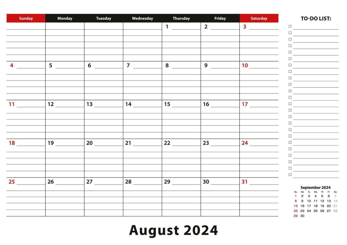 augusti 2024 en gång i månaden skrivbord vaddera kalender vecka börjar från söndag, storlek a3. vektor