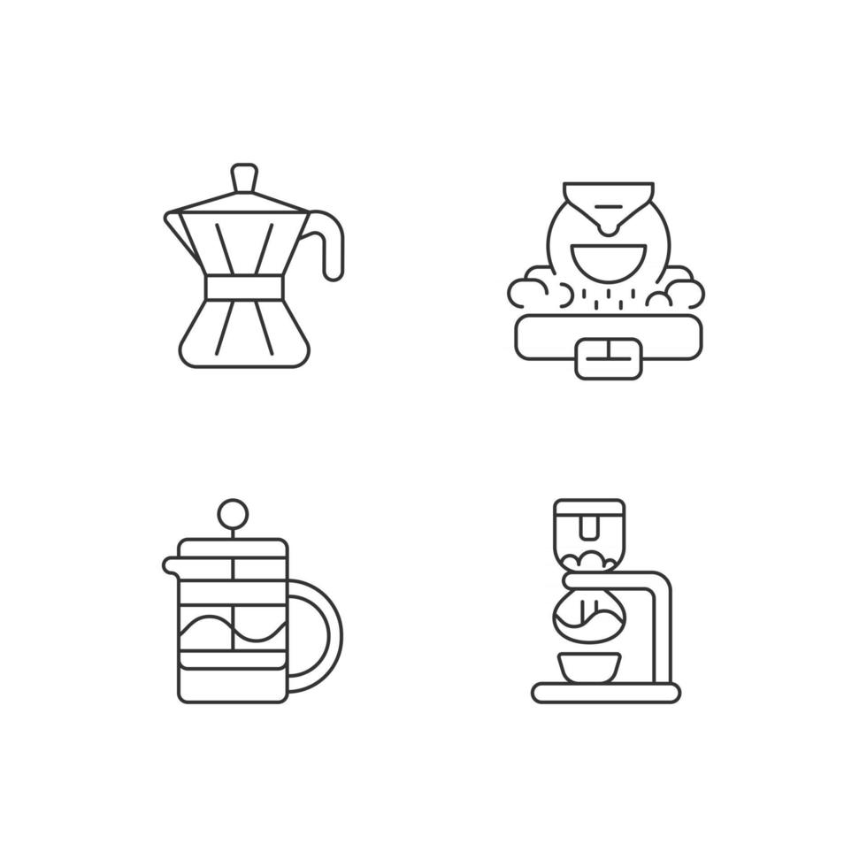 Lineare Symbole für das Kaffeezubereitungsgerät eingestellt. Mokka-Topf. professioneller kommerzieller Röster für Bohnen. anpassbare Kontursymbole für dünne Linien. isolierte Vektorgrafiken. bearbeitbarer Strich vektor