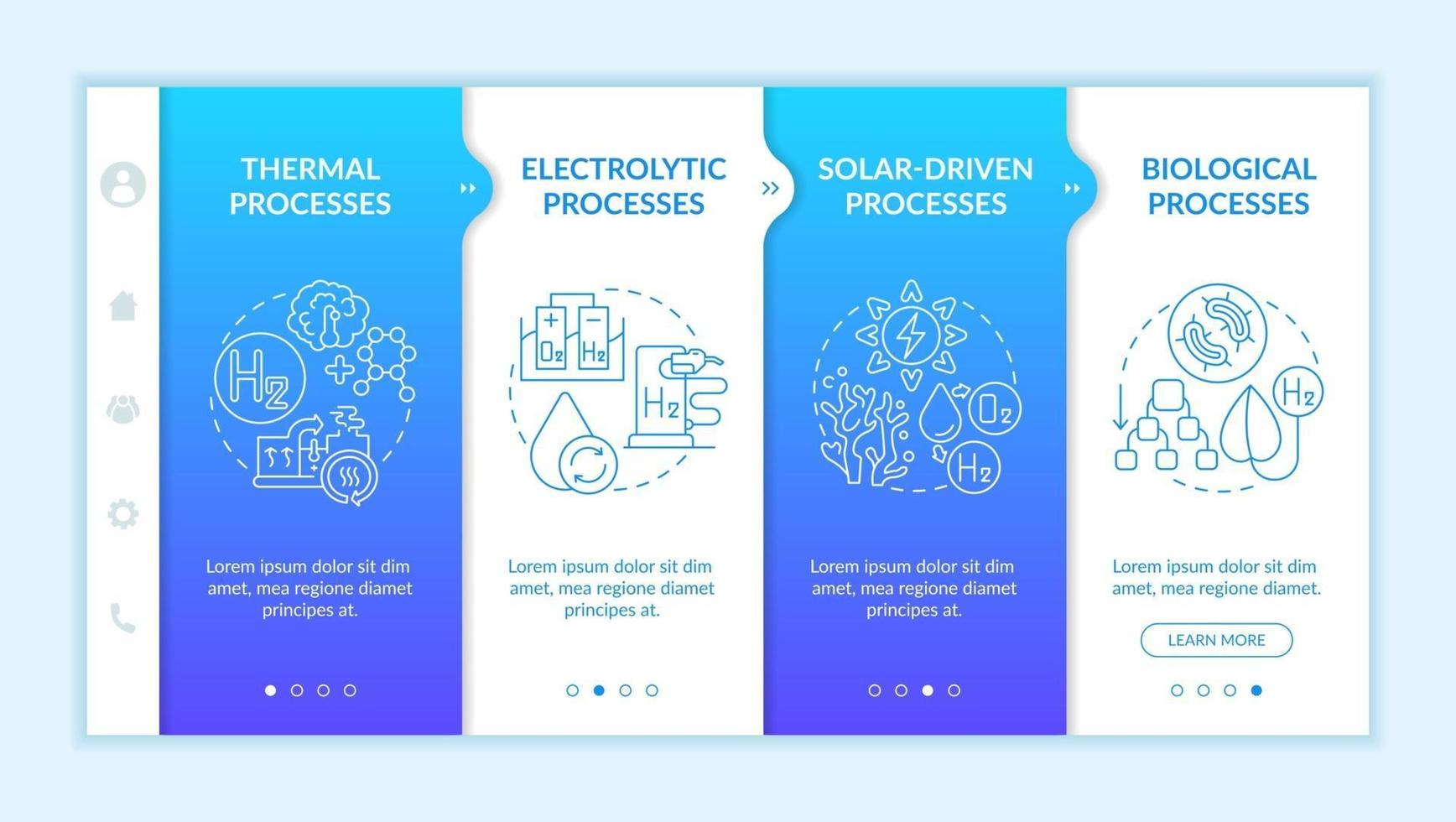 Generieren von Wasserstoffgas-Onboarding-Vektorvorlage. Responsive mobile Website mit Symbolen. Webseiten-Walkthrough-Bildschirme in 4 Schritten. solargetriebene Prozesse Farbkonzept mit linearen Illustrationen illustration vektor