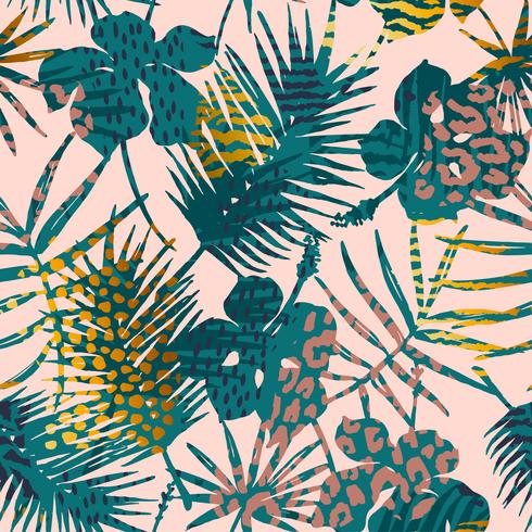 Modisches nahtloses exotisches Muster mit Palme, Tierdrucken und Hand gezeichneten Beschaffenheiten. vektor