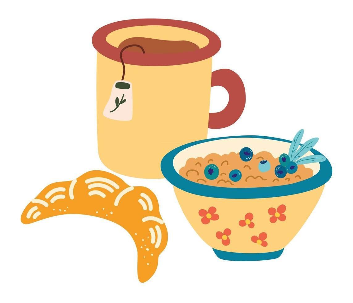 gesundes Frühstück. Tasse Tee, Haferbrei mit Beeren und ein Croissant. klassisches Menü mit Müsli. Konzept hausgemachtes, gesundes Essen, Morgenmodus. Vektorillustration für Lebensmittel, Ernährung, Menükonzept vektor