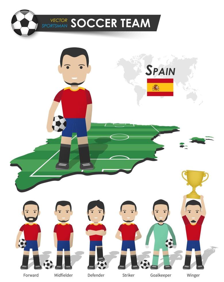 spaniens fotbollslandslag. fotbollsspelare med sporttröja stå på perspektiv fält landskarta och världskarta. uppsättning fotbollsspelarpositioner. tecknad karaktär platt design. vektor .
