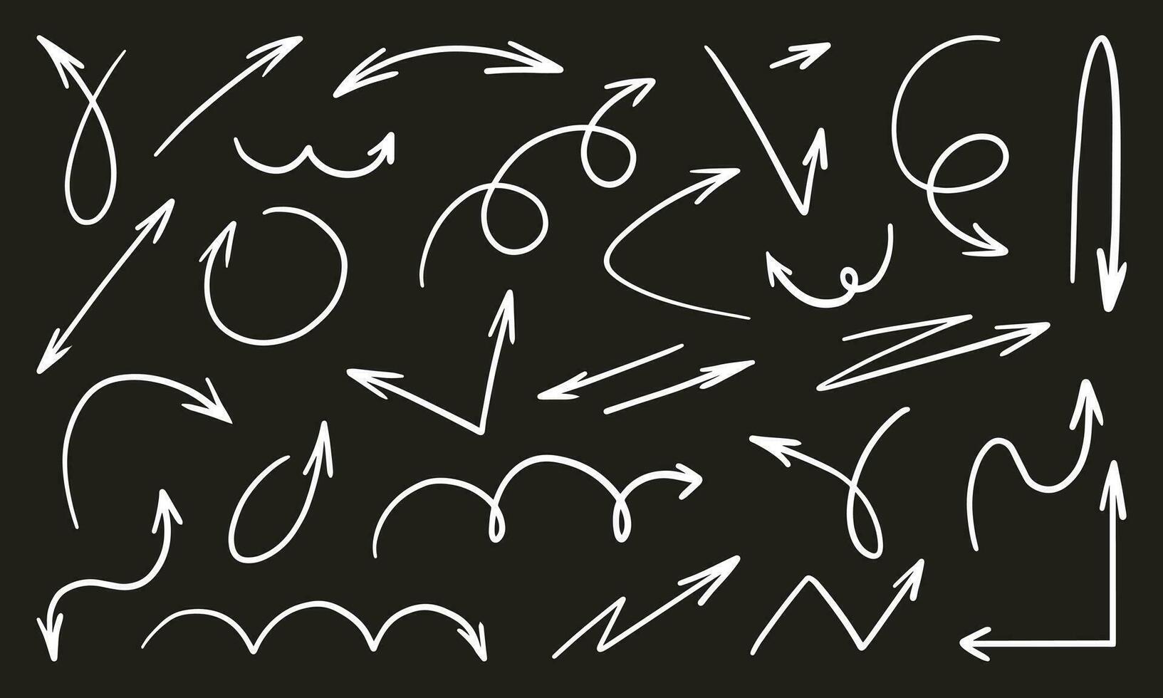 Pfeile Vektor Symbole Satz. Hand gezeichnet freihändig anders gebogen Linien, wirbelt Pfeile. einstellen einfach Pfeile isoliert auf schwarz Hintergrund. Zeichnung Weiß Kreide Abstriche auf ein schwarz Schule Tafel. Gekritzel.