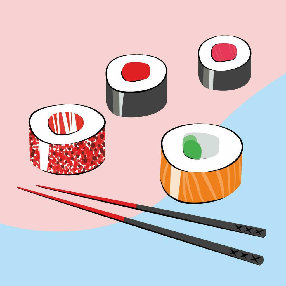 sushi rulla vektor uppsättning. japansk kök, traditionell mat.