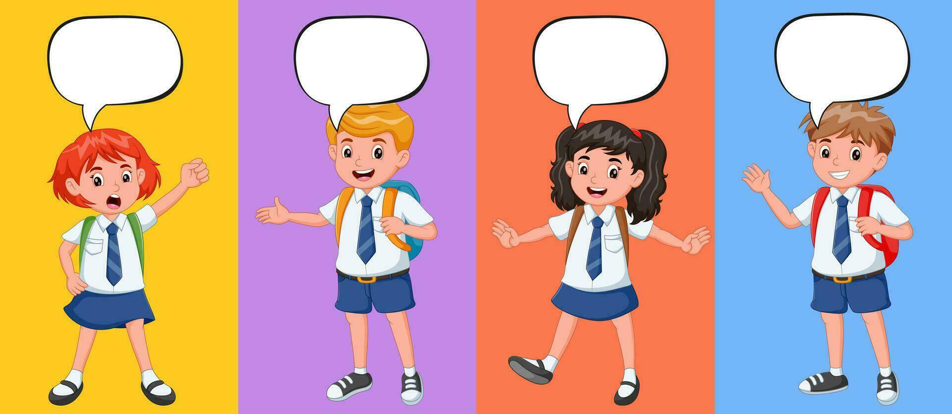 Karikatur Kinder im Schule Uniform mit Rede Blasen. Vektor Illustration