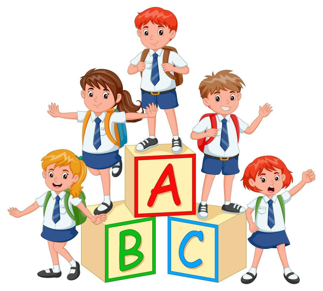 glücklich wenig Kinder mit Alphabet Blöcke. süß Studenten mit Alphabet Blöcke. Vektor Illustration