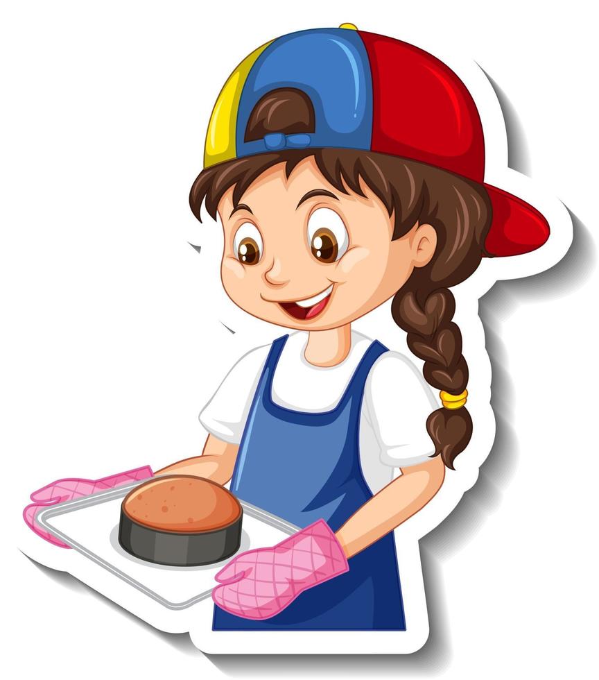 Zeichentrickfigur-Aufkleber mit Kochmädchen, das ein gebackenes Tablett hält vektor