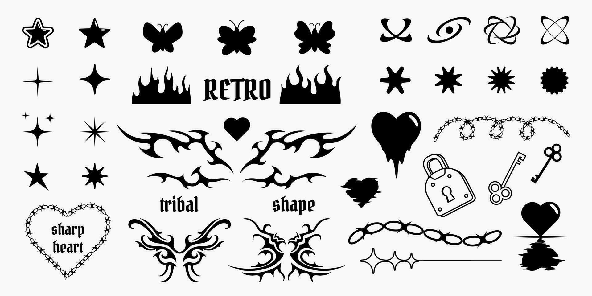 Sammlung von y2k modisch Formen, Stammes- Muster, Vektor isoliert Zeichnungen, geometrisch Symbole im 2000er Ästhetik.