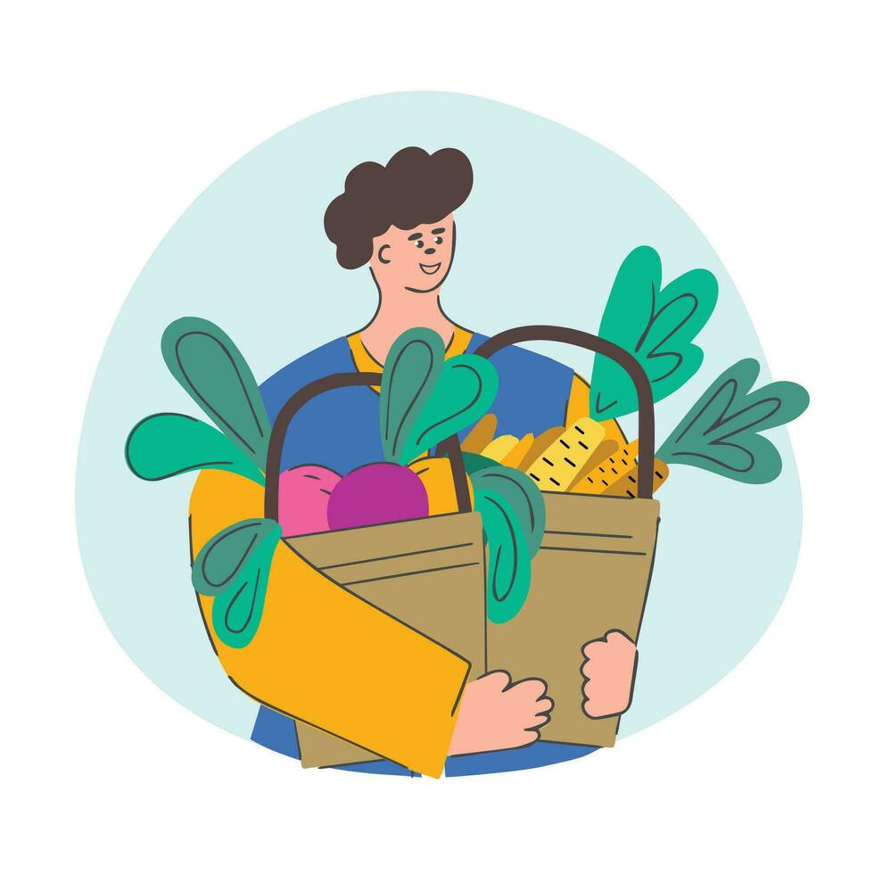 en man bär grönsaker i hinkar. skörd. jordbruks höst arbete. platt illustration vektor