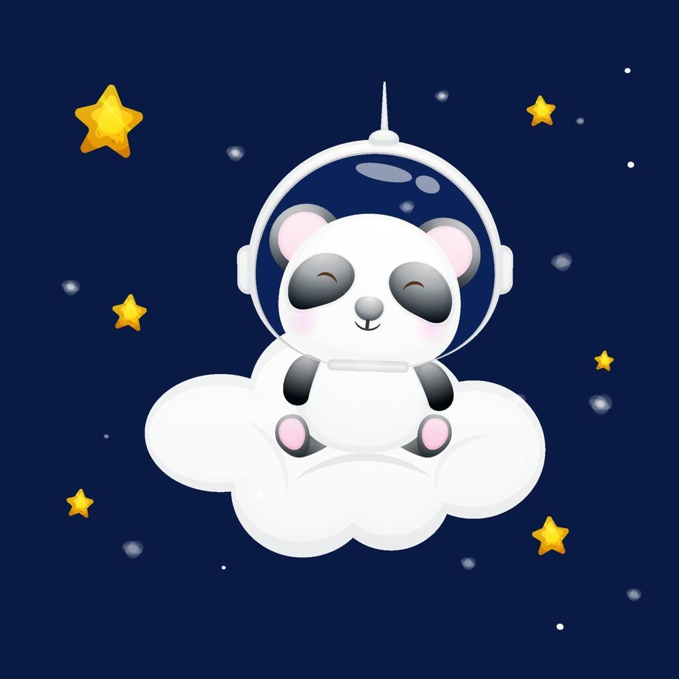 söt baby panda sitta ner på molnet och bär astronaut hjälm. djur tecknad karaktär premium vektor
