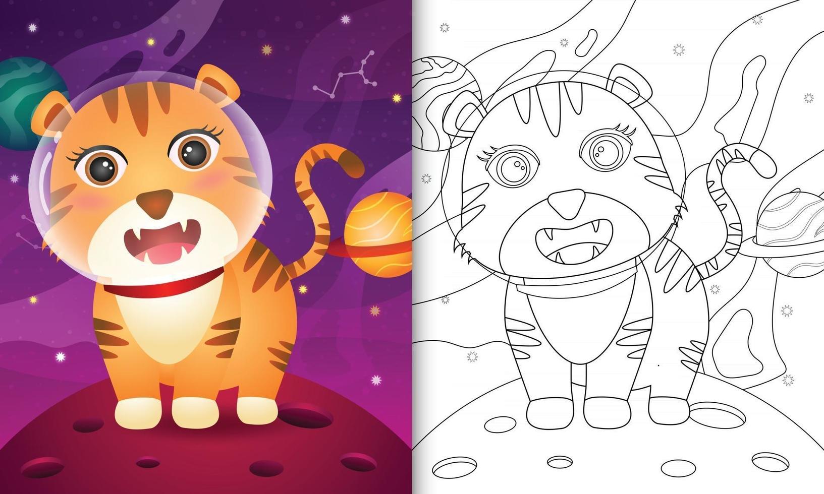 Malbuch für Kinder mit einem süßen Tiger in der Weltraumgalaxie vektor