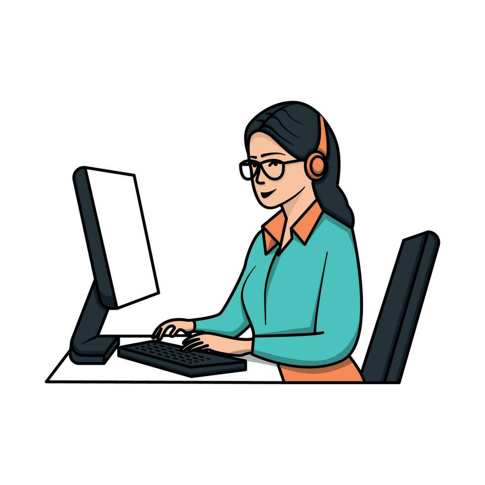 jung Frau mit Computer. eben Vektor Illustration mit weiblich Zeichen