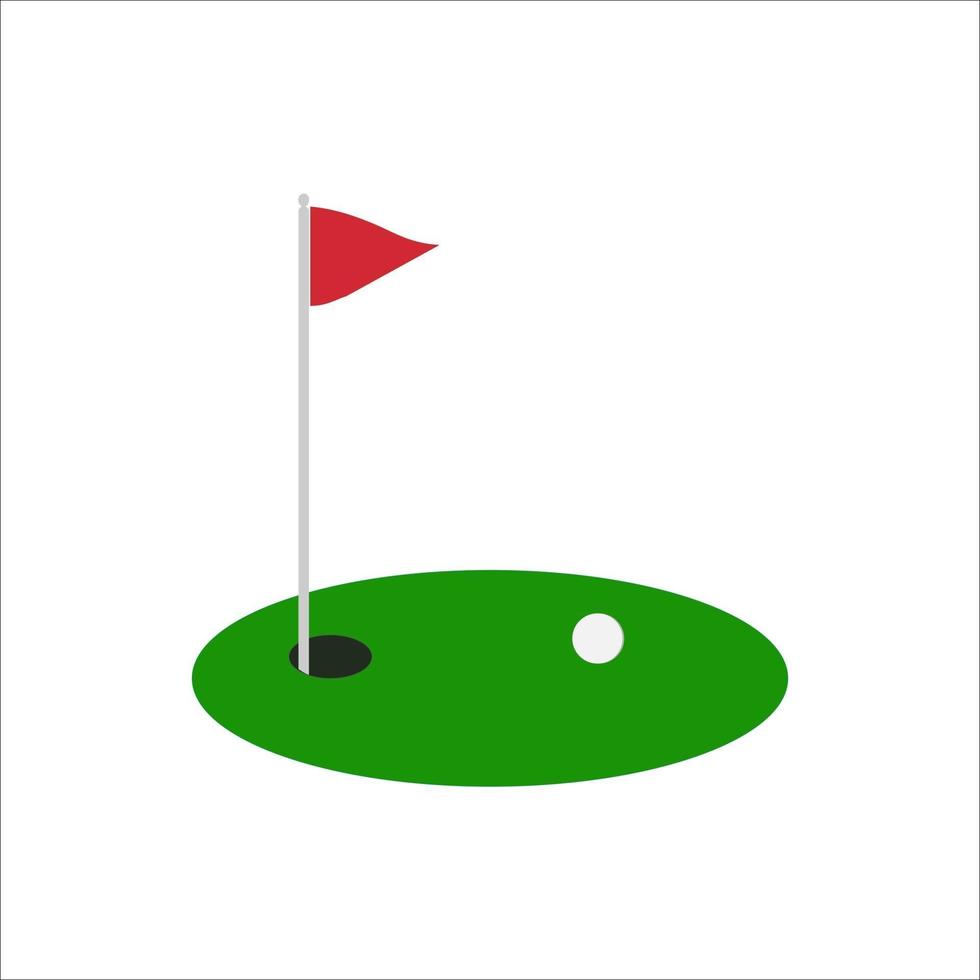 Golf rote Flagge auf grünem Gras und Loch. isoliert auf weißem Hintergrund. flacher Vektor