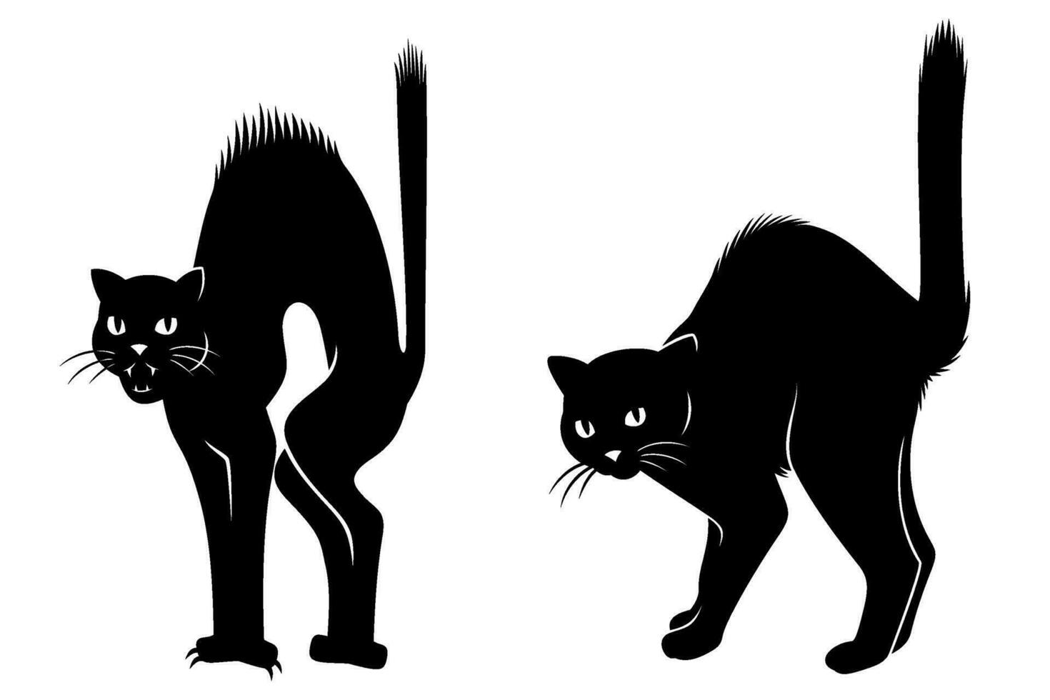 erschrocken Katzen Silhouetten. Hexe schwarz Katze. Karikatur und realistisch Versionen. Vektor Cliparts isoliert auf Weiß.