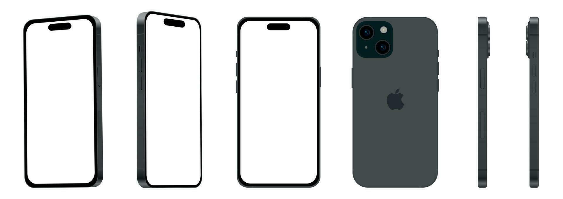 uppsättning av 6 bitar från annorlunda vinklar, svart äpple iphone 15 smartphone, attrapp för webb design på vit bakgrund vektor