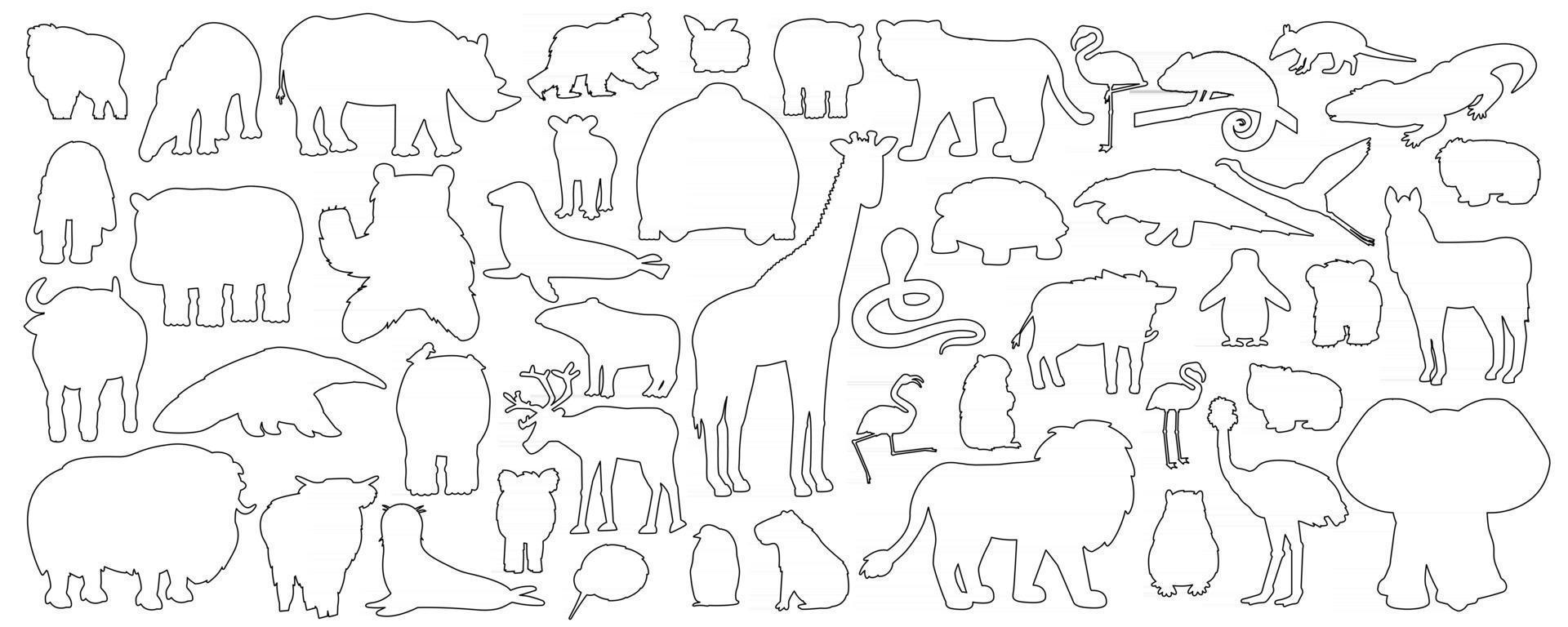 Große Reihe von Doodle-Cartoon isolierte afrikanische amerikanische Waldtiere Symbole. Vektor Umriss Tiger Löwe Nashorn Büffel Zebra Elefant Giraffe Krokodil Tapir Nilpferd Bär Orang-Utan Pinguin Flamingo tap