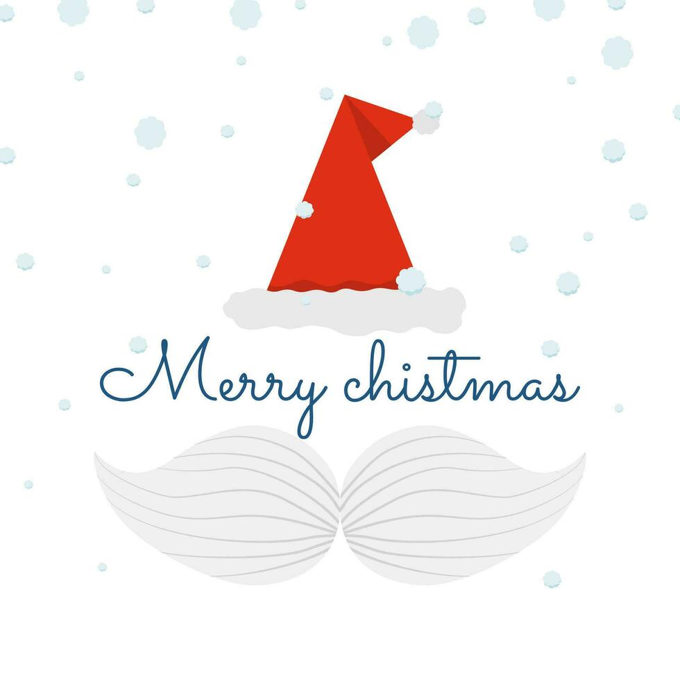 glad jul kort med santa claus hatt på vit bakgrund med snö faller och jul hälsning. vektor illustration.