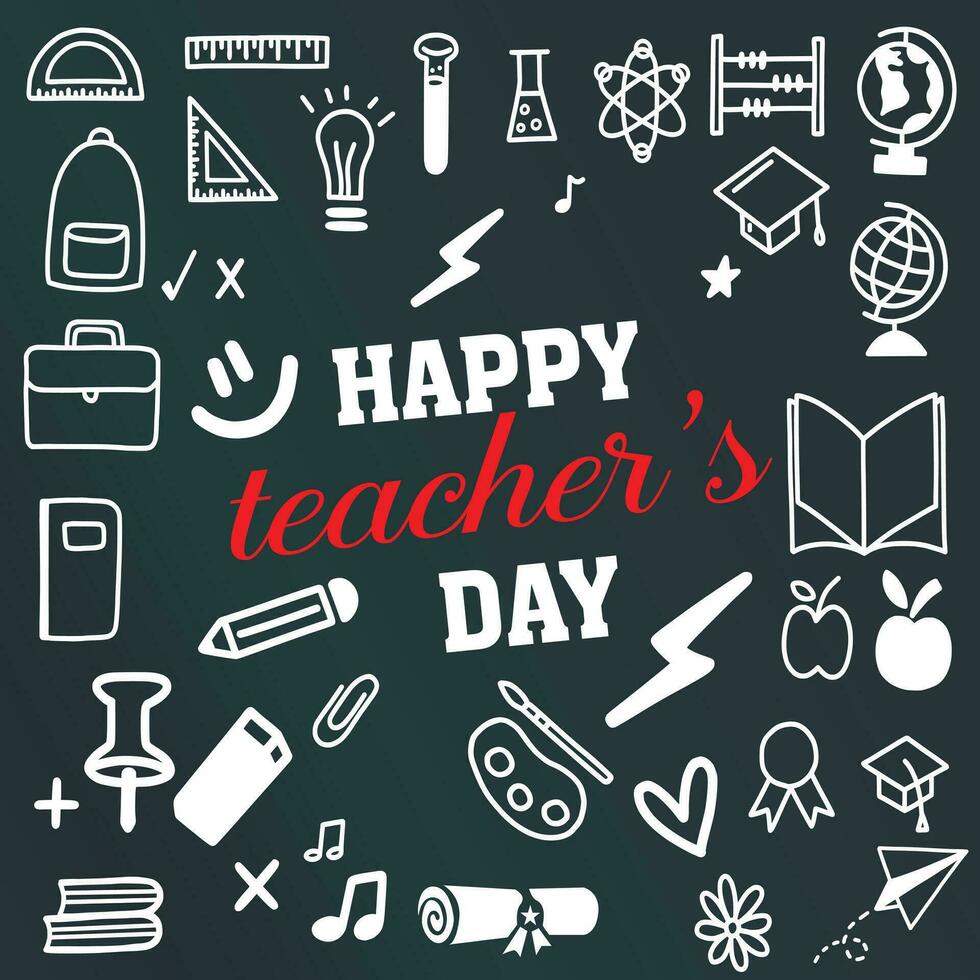 hälsning kort för Lycklig lärarens dag med krita på en svarta tavlan. enkel vektor illustration.