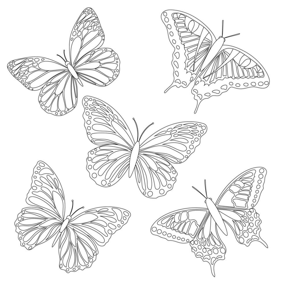 ein einstellen von schwarz und Weiß Schmetterlinge ohne Füllung zum Kinder- Färbung Bücher. Sammlung von fliegend Schmetterlinge isoliert auf ein Weiß Hintergrund, Vektor Färbung.