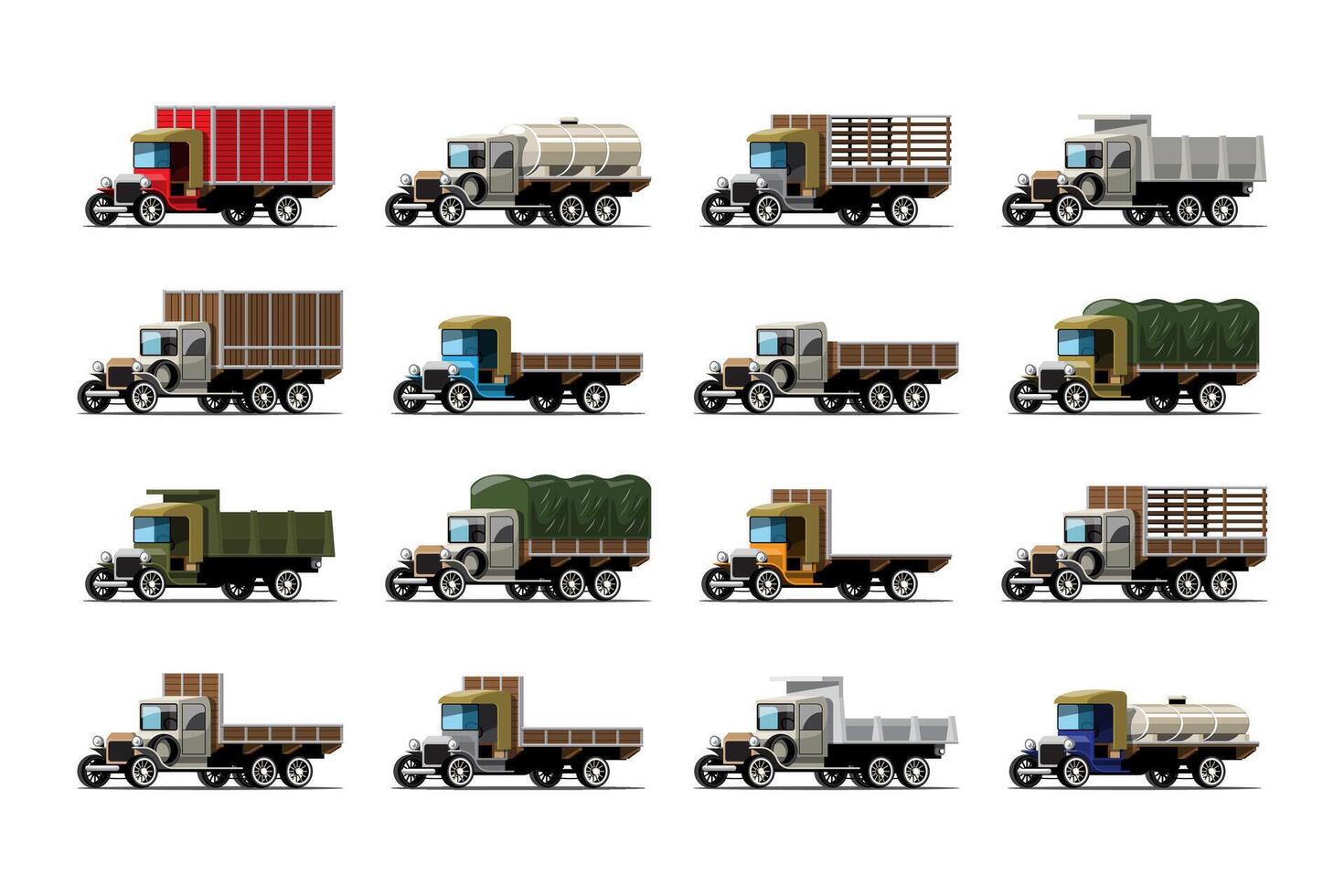 uppsättning av tolv lastbilar och tankdifferens i antik design vektor