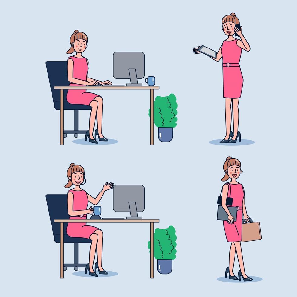 affärskvinna eller en kontorist som arbetar vid hennes kontorsskrivbord. kontorskvinna som pratar med olika poser och handgester för företagspresentation. vektor