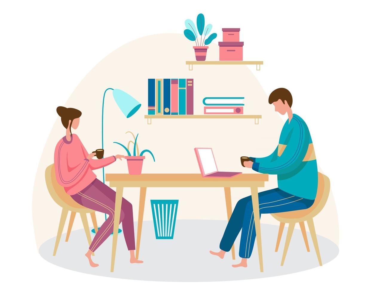 illustration av en man och hustru som sitter och dricker kaffe och pratar och studerar information på datorer vektor