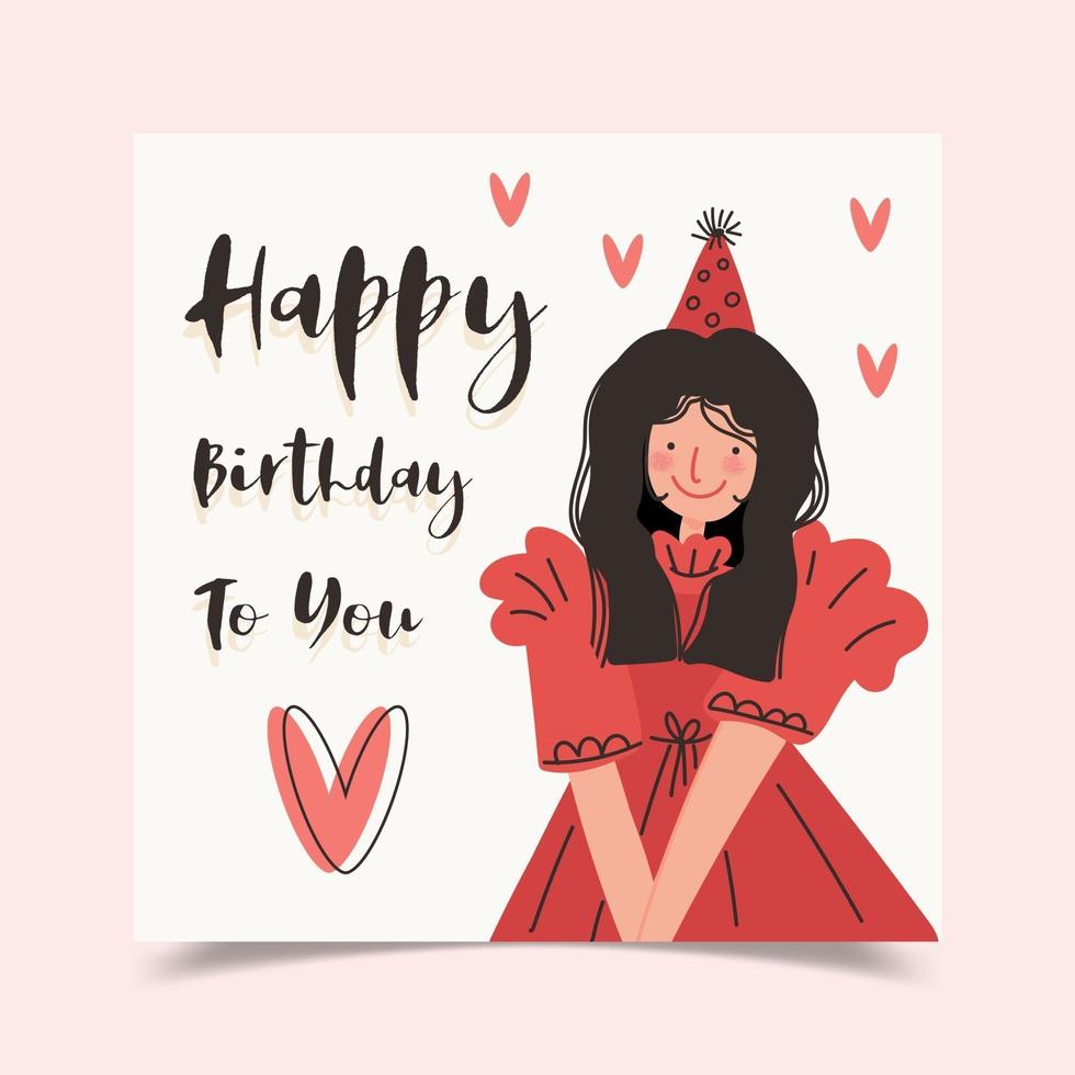Grattis på födelsedagen gratulationskort dekorerad med flicka i röd klänning vektor