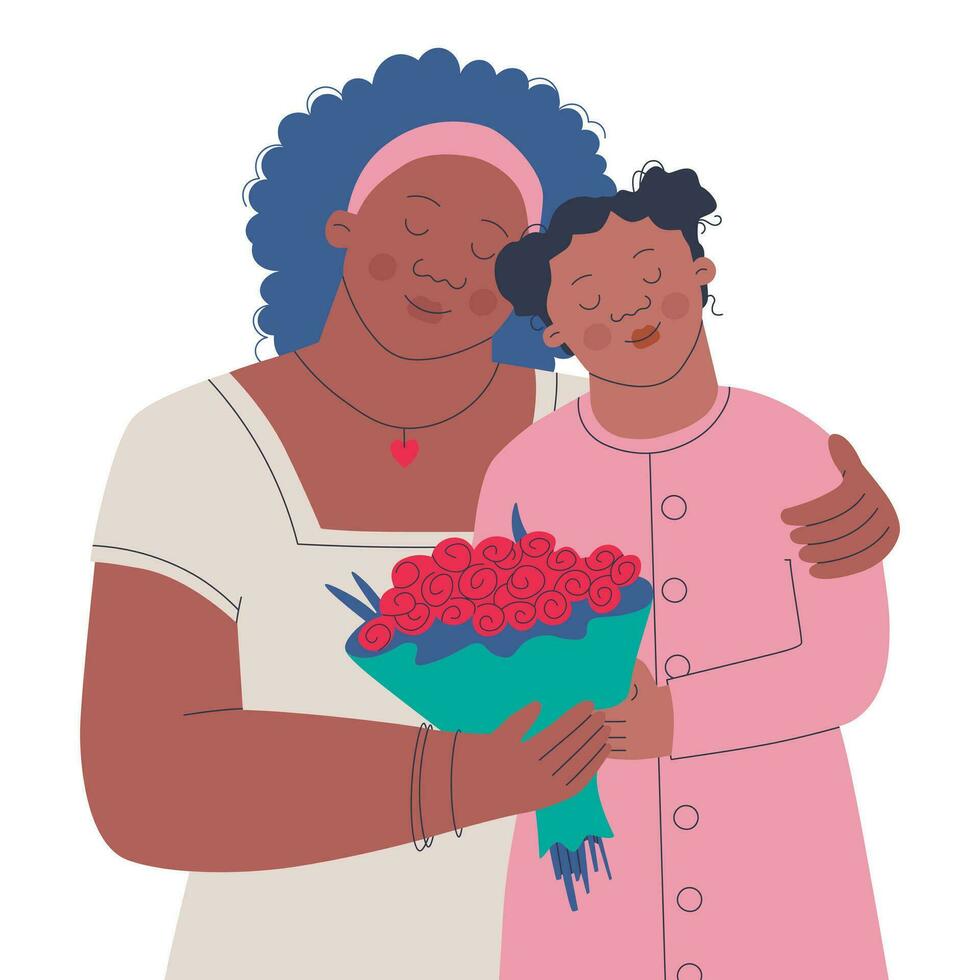 süß Mutter und Tochter mit ein Strauß von Blumen sind umarmt. dunkelhäutig Völker. Vektor isoliert Illustration zum Design. Geburtstag oder Mutter Tag.