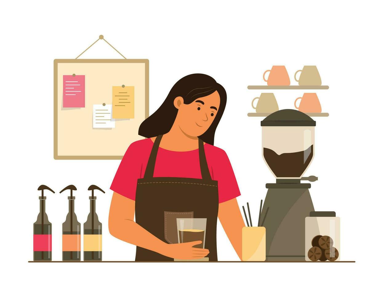 Barista Frau Herstellung Kaffee beim Bar Zähler im Kaffee Geschäft Cafe vektor