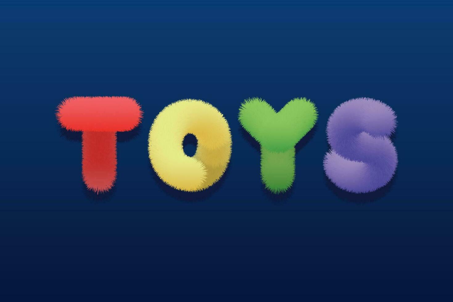 vektor isolerat text, fluffig flerfärgad ljus inskrift leksaker på en mörk blå bakgrund