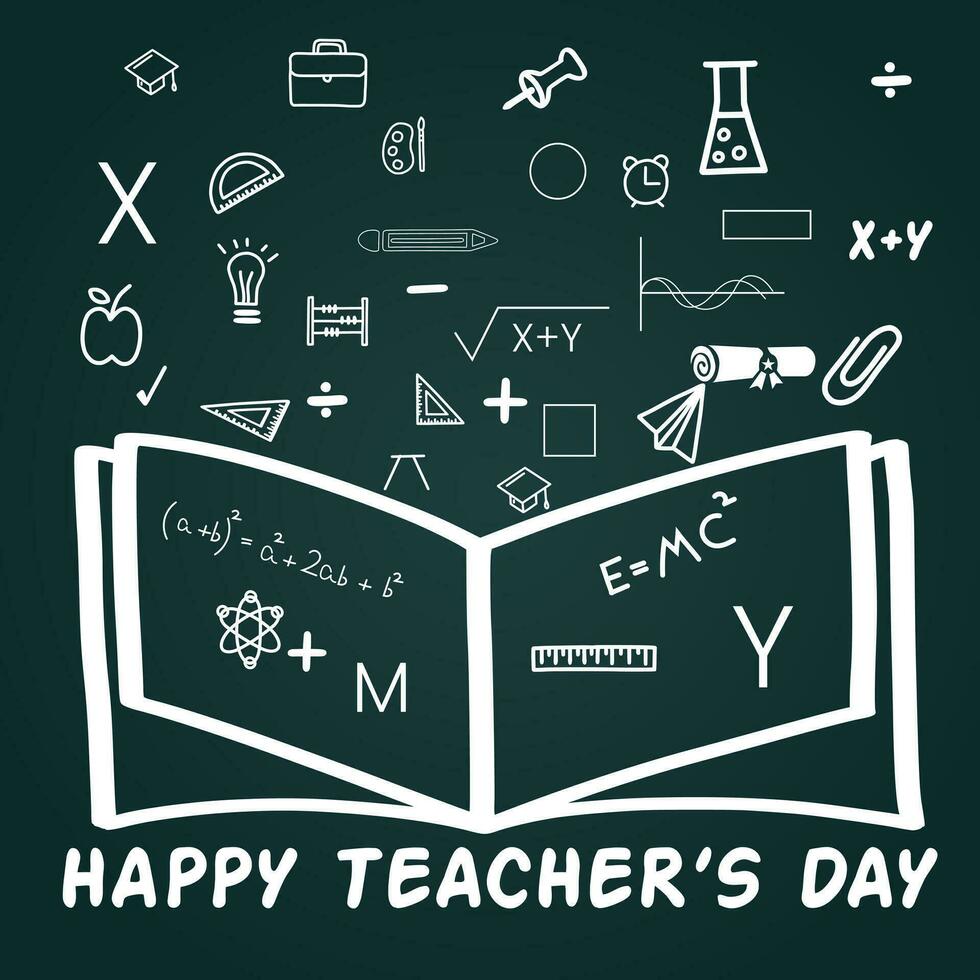 glücklich Lehrer Tag Vektor Illustration mit Schule Ausrüstung. glücklich Lehrer Tag Gruß Karte. feiern Lehrer Tag mit Symbol Satz.