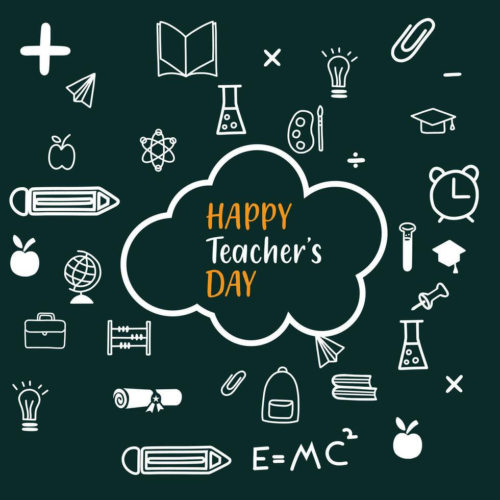 Lycklig lärare dag vektor illustration med skola Utrustning. Lycklig lärarens dag hälsning kort. fira lärarens dag med ikon uppsättning.