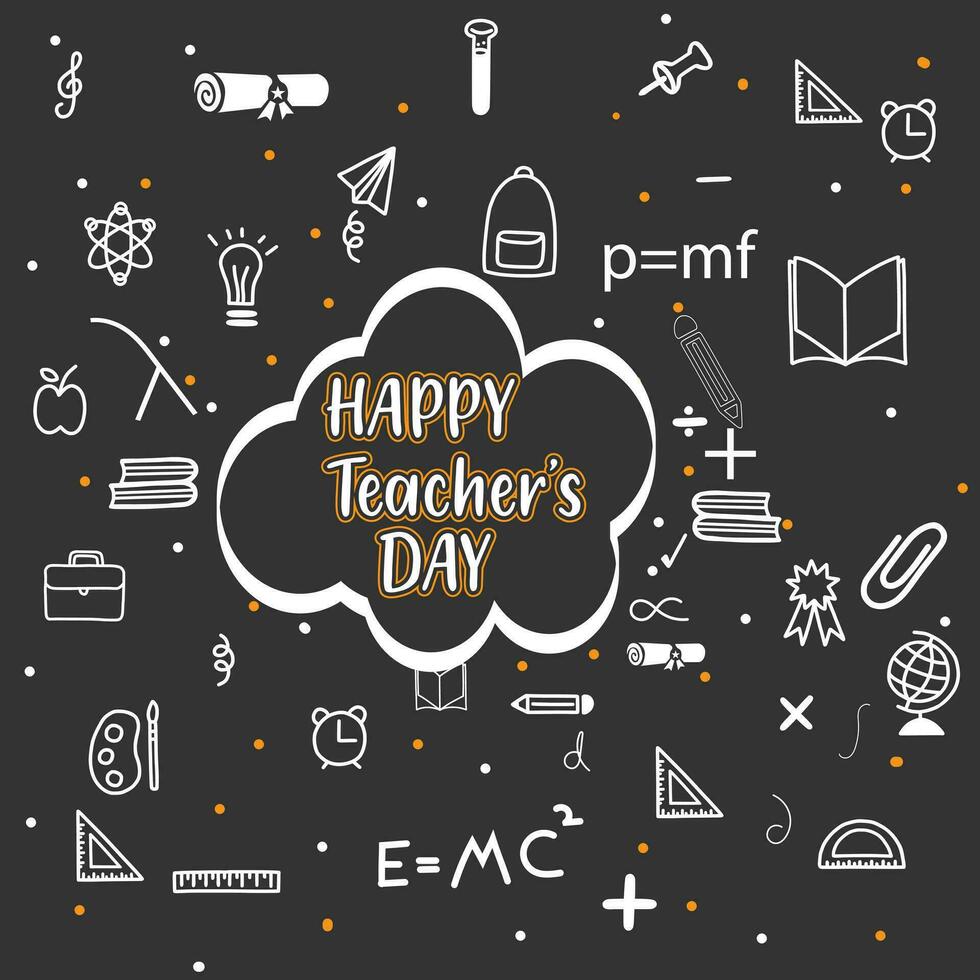 glücklich Lehrer Tag Vektor Illustration mit Schule Ausrüstung. glücklich Lehrer Tag Gruß Karte. feiern Lehrer Tag mit Symbol Satz.