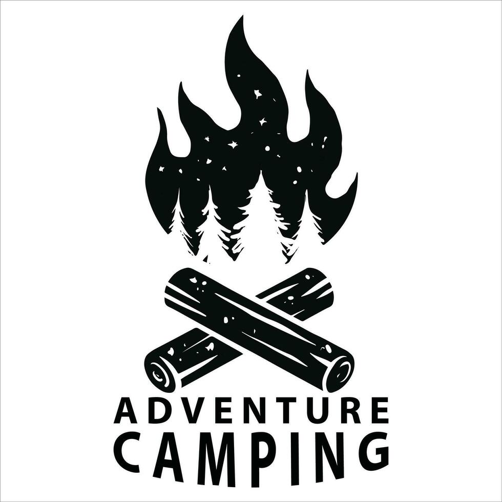 Jahrgang Camping und draussen Abenteuer Embleme, Logos, Lagerfeuer und Abzeichen. Camping Zelt im das Wald oder Berge. vektor