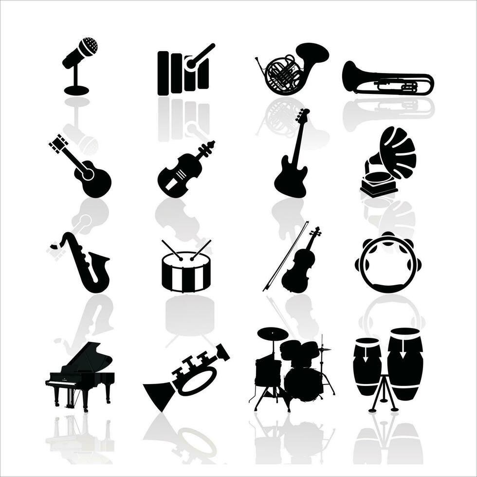 Musik- Instrumente isoliert auf Weiß. Musik- Symbol Sammlung - - Vektor Silhouette Illustration