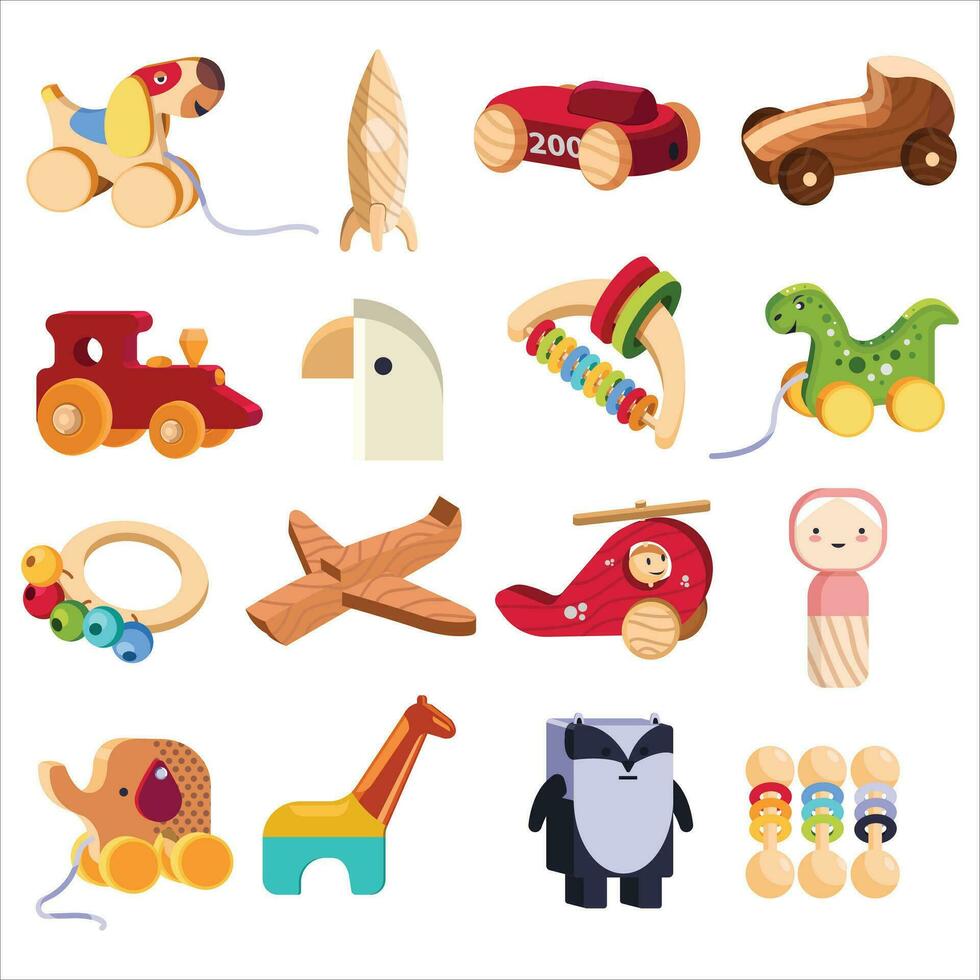 en uppsättning av barns leksaker. tecknad serie stil. trä- flygplan, leksak bilar, hus block och trä- hästar. vektor