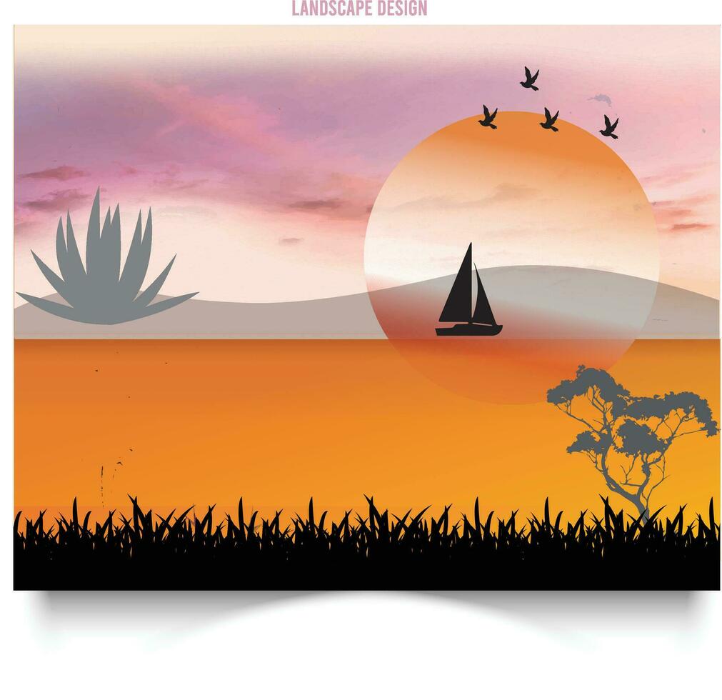 bunt Sommer- Hintergrund, Landschaft Sonnenuntergang auf das Strand ist sehr Schön, Sonnenuntergang Strand Berg Landschaft Vektor Illustration