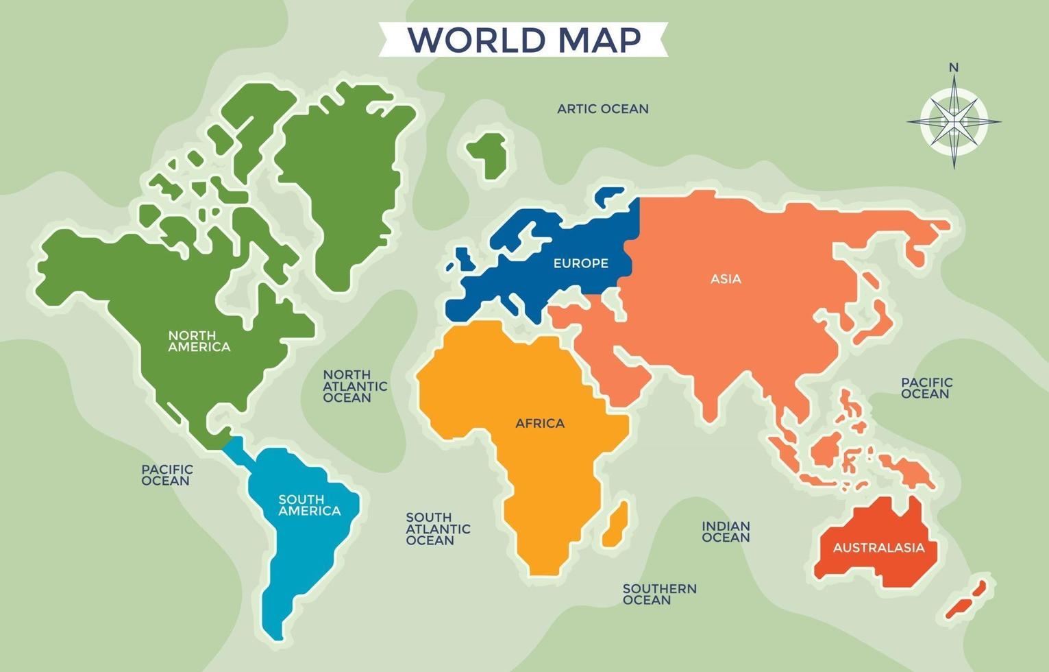 förenklad världskarta uppdelad sex kontinenter vektor
