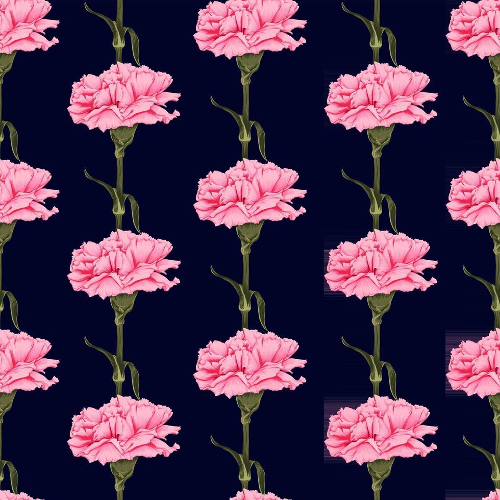 sömlösa mönster nejlikor blommor på mörkblå bakgrund. vektor illustration linje teckning tyg design.