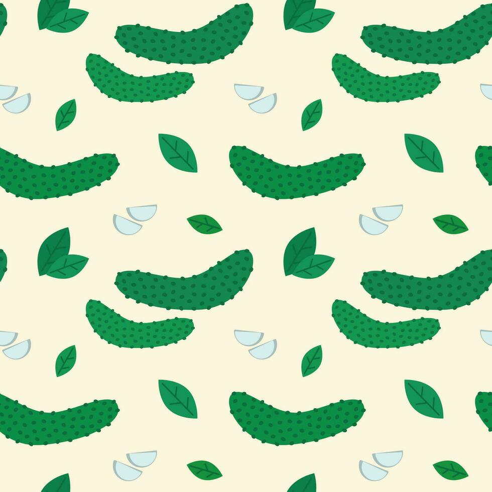 Gurken nahtlos Muster. Vektor Illustration von Gemüse mit Pflanze Elemente. Hintergrund mit Gurken, Knoblauch Nelke und Grün Blätter.