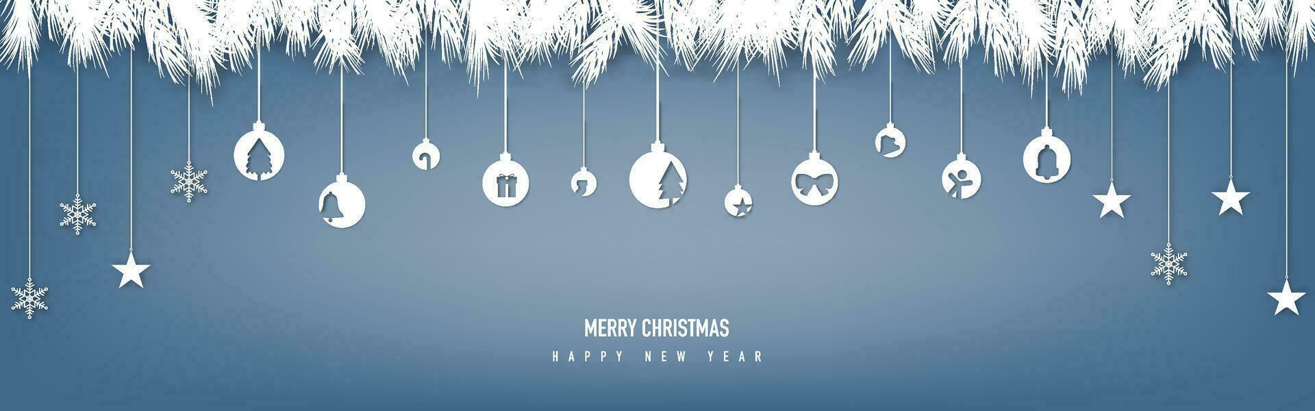 fröhlich Weihnachten Dekoration mit Papier Schnitt hängend Blau Weihnachten Hintergrund vektor