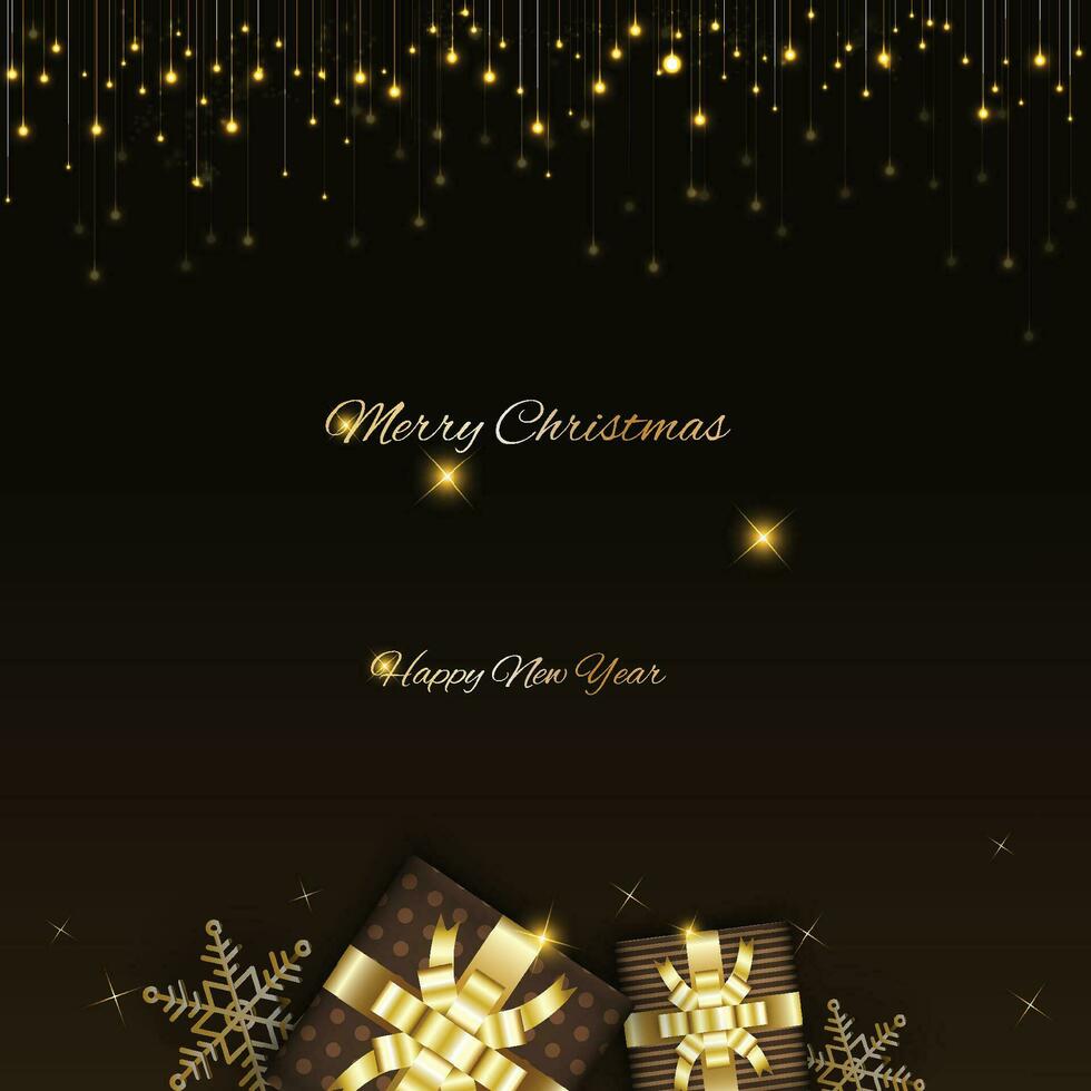 fröhlich Weihnachten Design mit glühend glänzend Beleuchtung Vorhang und Geschenk Kisten vektor