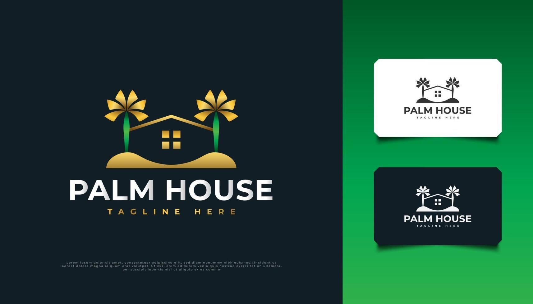 hus och palmer logotyp i grönt och guld, lämplig för fastigheter, resor eller turistindustrin vektor