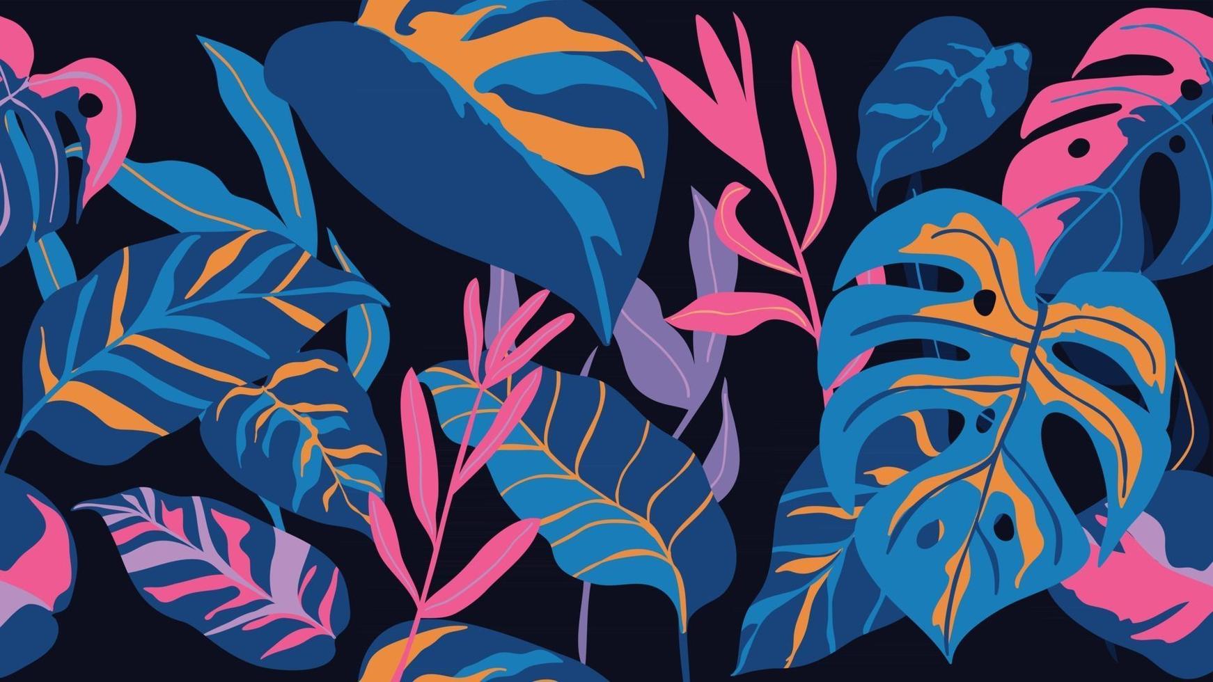 Tropenwald-Art-Deco-Tapete. Blumenmuster mit exotischen Blumen und Blättern, geteilte Philodendron-Pflanze, Monstera-Pflanze, Dschungelpflanzen-Linienkunst auf trendigem Hintergrund. Vektor-Illustration. vektor